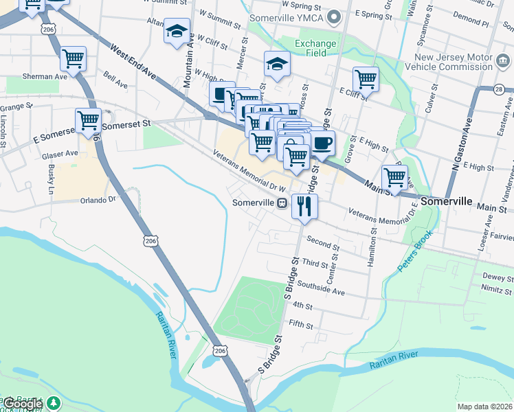 map of restaurants, bars, coffee shops, grocery stores, and more near 1 Veterans Memorial Dr W in Somerville
