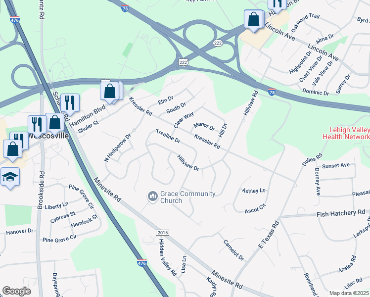 map of restaurants, bars, coffee shops, grocery stores, and more near 1032 Treeline Drive in Allentown
