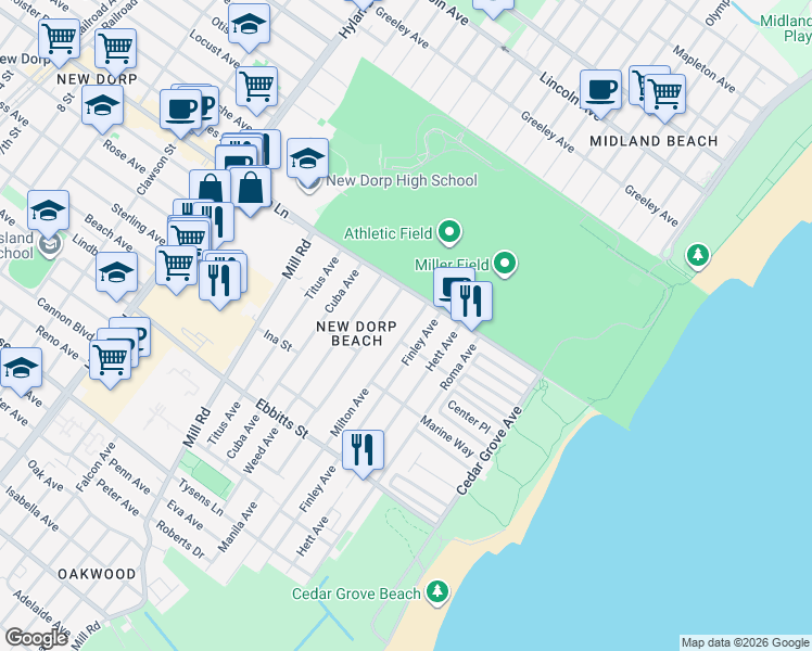 map of restaurants, bars, coffee shops, grocery stores, and more near 33 Milton Avenue in Staten Island