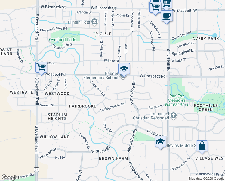 map of restaurants, bars, coffee shops, grocery stores, and more near 2512 Coventry Court in Fort Collins