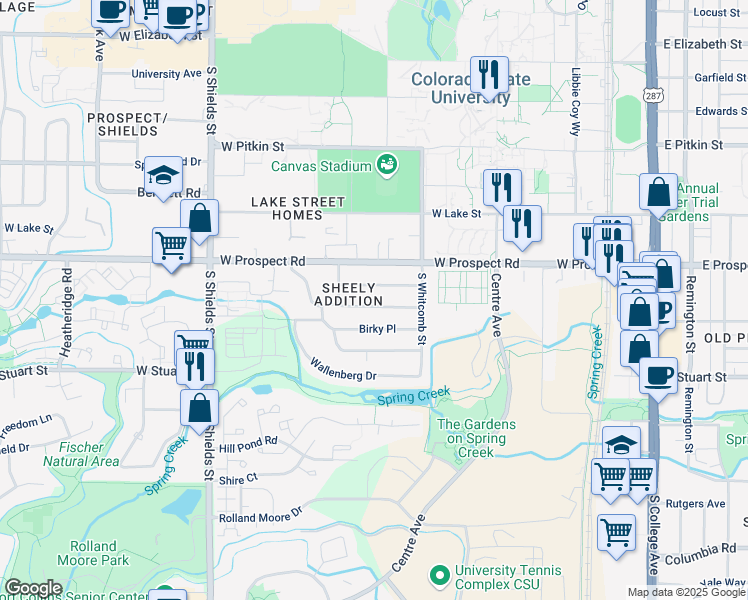 map of restaurants, bars, coffee shops, grocery stores, and more near 830 Juniper Lane in Fort Collins
