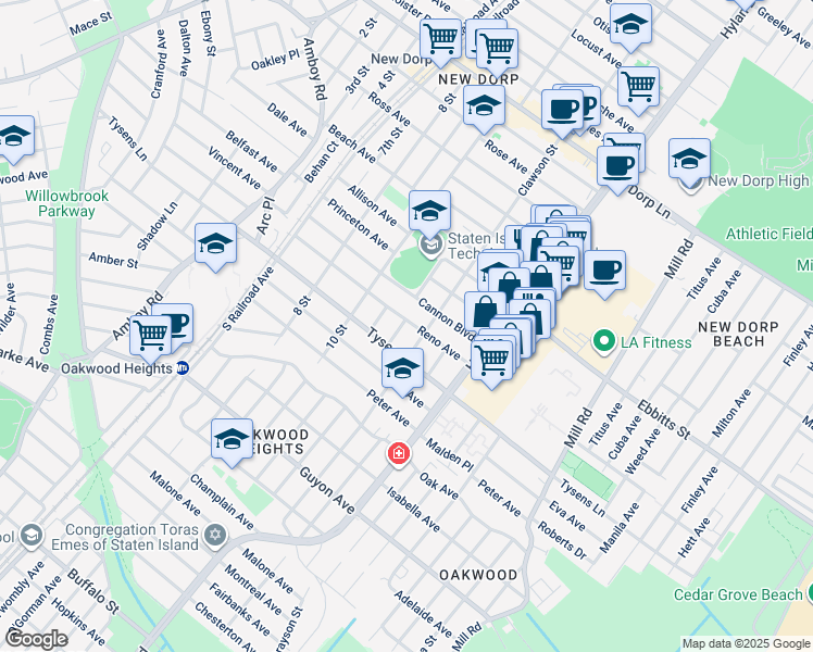 map of restaurants, bars, coffee shops, grocery stores, and more near 154 Reno Avenue in Staten Island