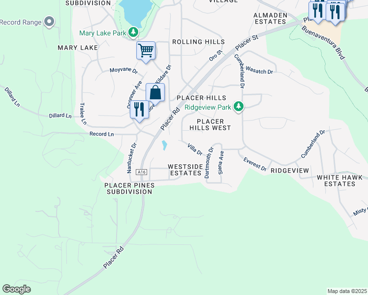 map of restaurants, bars, coffee shops, grocery stores, and more near 4177 Villa Drive in Redding