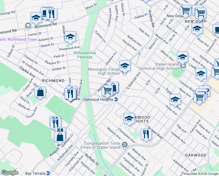 map of restaurants, bars, coffee shops, grocery stores, and more near 2970 Amboy Road in Staten Island