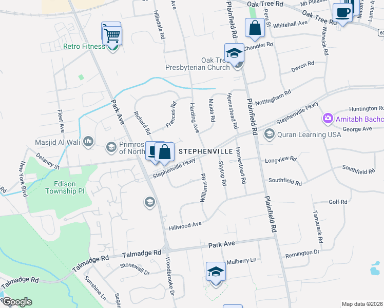 map of restaurants, bars, coffee shops, grocery stores, and more near 21 Stephenville Parkway in Edison