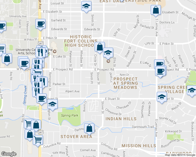map of restaurants, bars, coffee shops, grocery stores, and more near 1619 Stover Street in Fort Collins