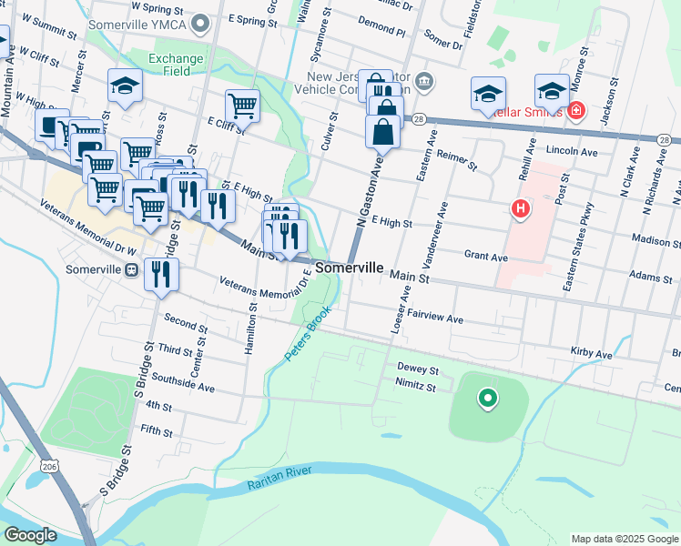 map of restaurants, bars, coffee shops, grocery stores, and more near 200 East Main Street in Somerville