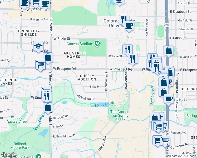 map of restaurants, bars, coffee shops, grocery stores, and more near 822 Juniper Lane in Fort Collins