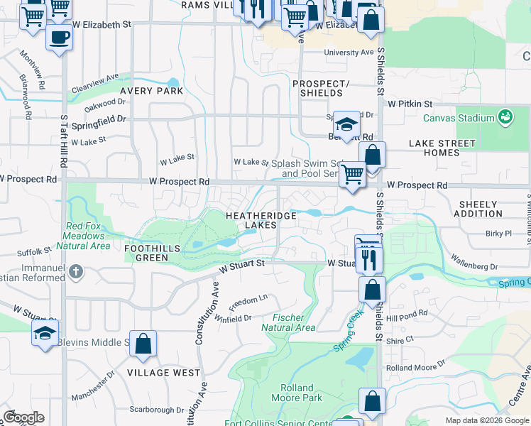 map of restaurants, bars, coffee shops, grocery stores, and more near in Fort Collins