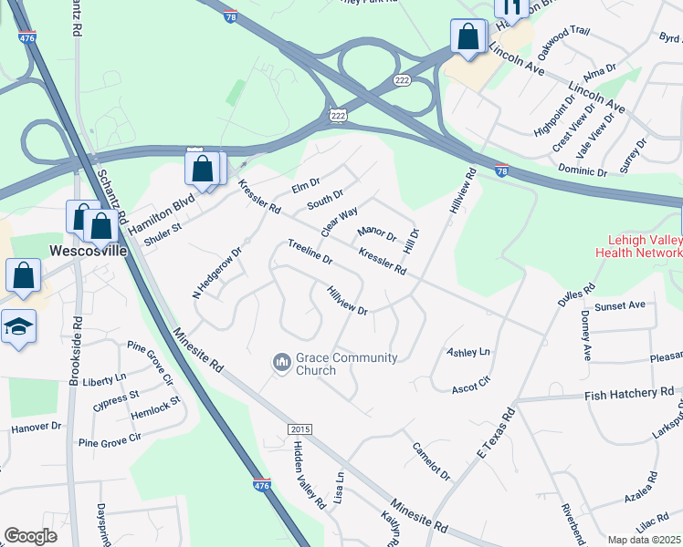 map of restaurants, bars, coffee shops, grocery stores, and more near 1032 Treeline Drive in Allentown