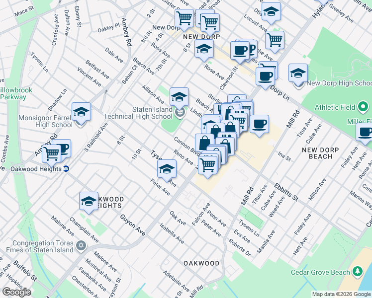 map of restaurants, bars, coffee shops, grocery stores, and more near 190 Cannon Boulevard in Staten Island