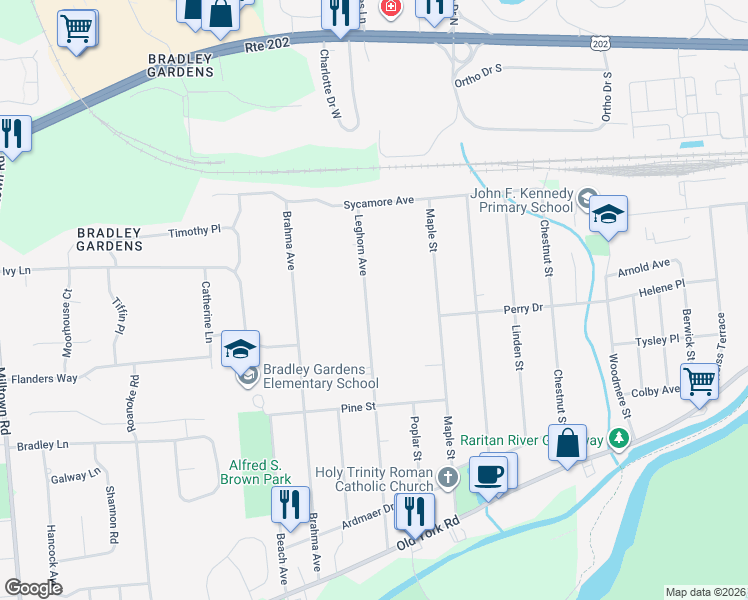 map of restaurants, bars, coffee shops, grocery stores, and more near 145 Leghorn Avenue in Bridgewater