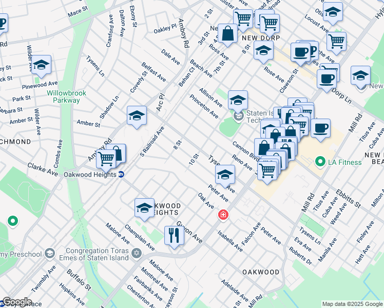 map of restaurants, bars, coffee shops, grocery stores, and more near 89 Penn Avenue in Staten Island