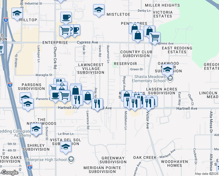 map of restaurants, bars, coffee shops, grocery stores, and more near 2837 Reservoir Lane in Redding