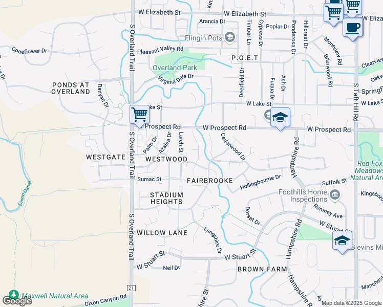 map of restaurants, bars, coffee shops, grocery stores, and more near 2727 Holly Place in Fort Collins