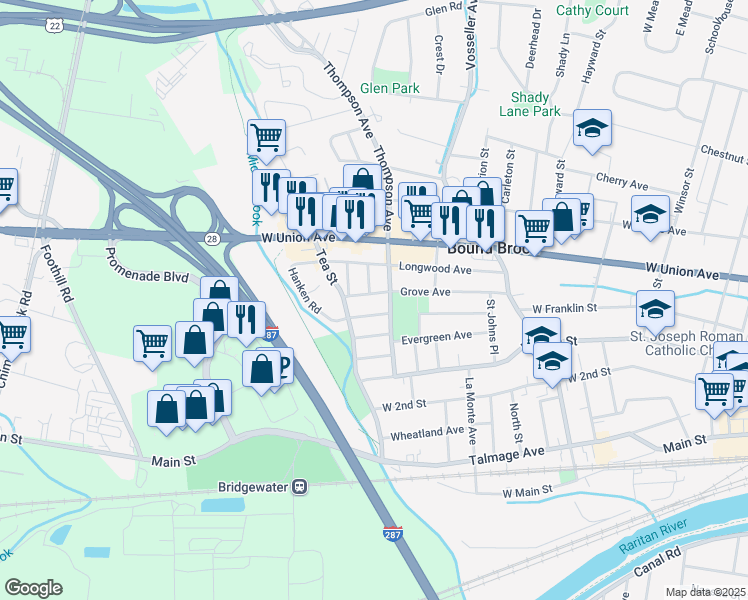 map of restaurants, bars, coffee shops, grocery stores, and more near 520 Grove Ave in Bound Brook