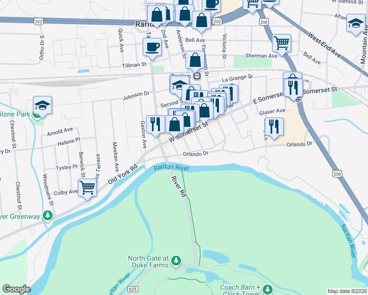 map of restaurants, bars, coffee shops, grocery stores, and more near 24 Wall St in Raritan
