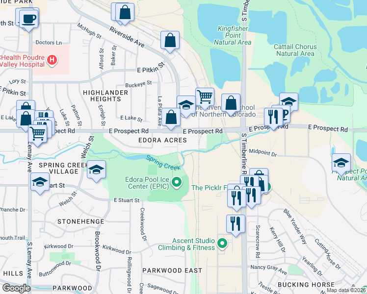 map of restaurants, bars, coffee shops, grocery stores, and more near 1685 Riverside Avenue in Fort Collins