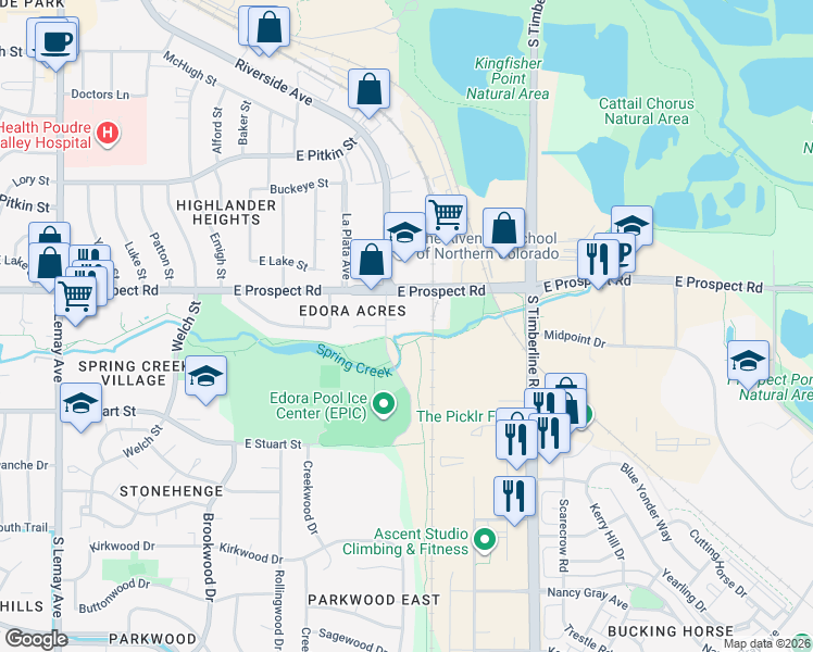 map of restaurants, bars, coffee shops, grocery stores, and more near 1901 East Prospect Road in Fort Collins
