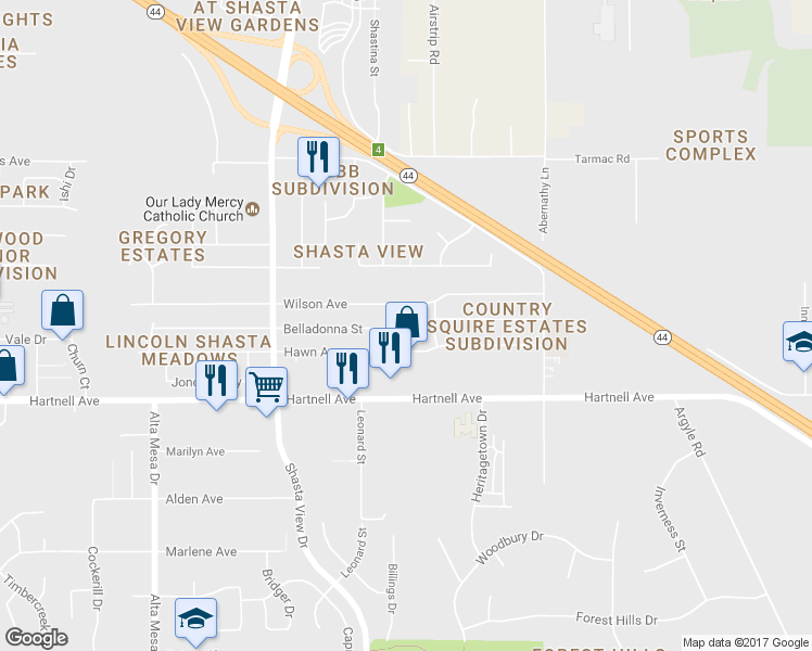 map of restaurants, bars, coffee shops, grocery stores, and more near 2837 Boneset Street in Redding