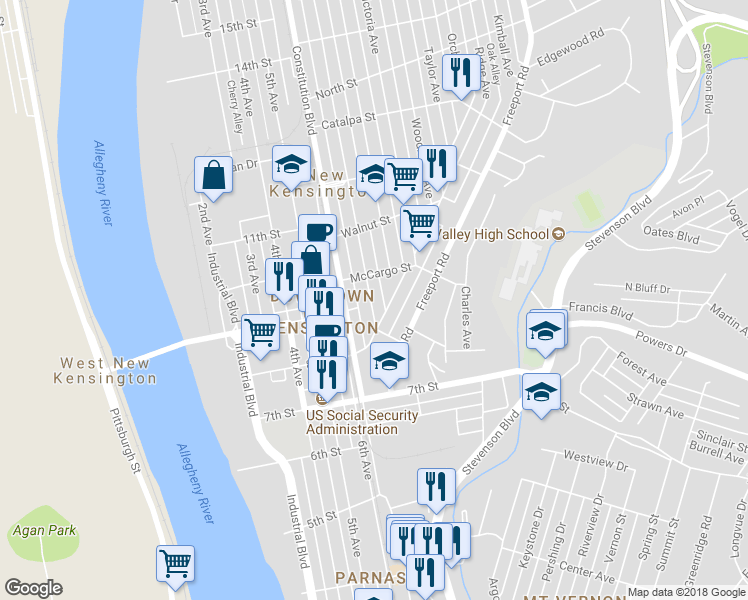 map of restaurants, bars, coffee shops, grocery stores, and more near 870 Kenneth Avenue in New Kensington