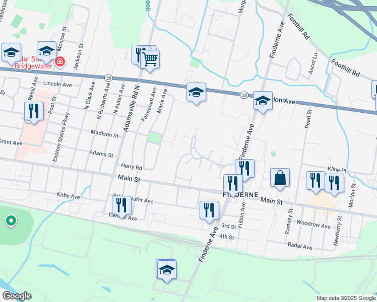 map of restaurants, bars, coffee shops, grocery stores, and more near 2401 Sunny Slope Road in Bridgewater