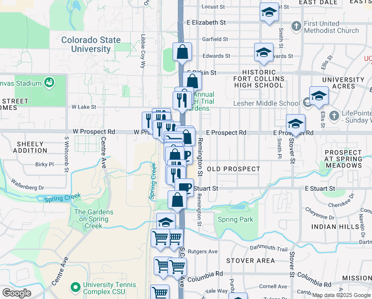 map of restaurants, bars, coffee shops, grocery stores, and more near 1630 South College Avenue in Fort Collins