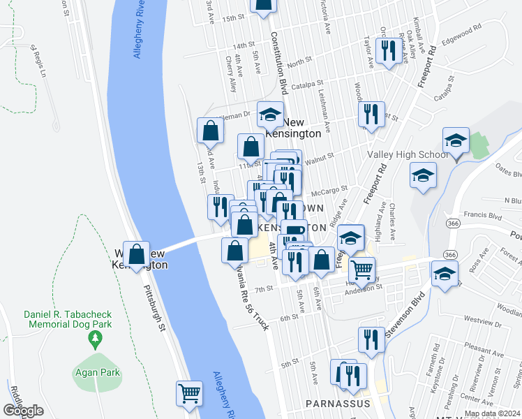 map of restaurants, bars, coffee shops, grocery stores, and more near 943 4th Avenue in New Kensington
