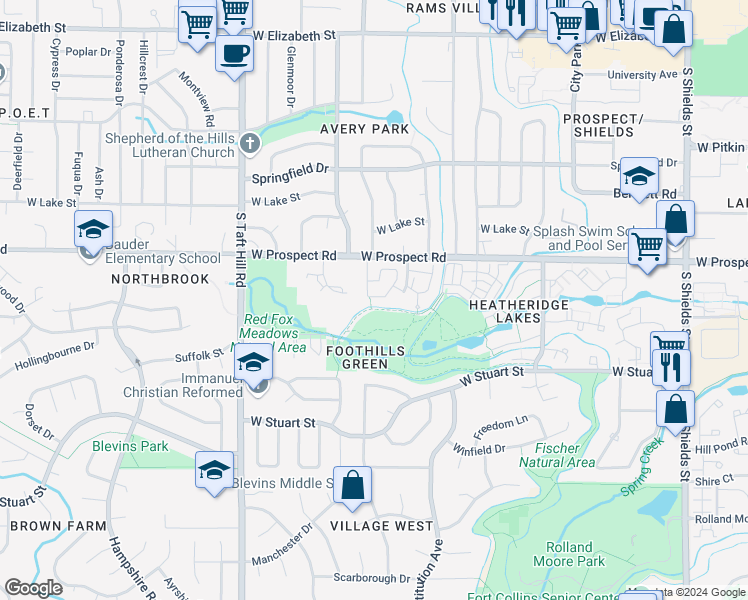 map of restaurants, bars, coffee shops, grocery stores, and more near 16 Westbridge Drive in Fort Collins