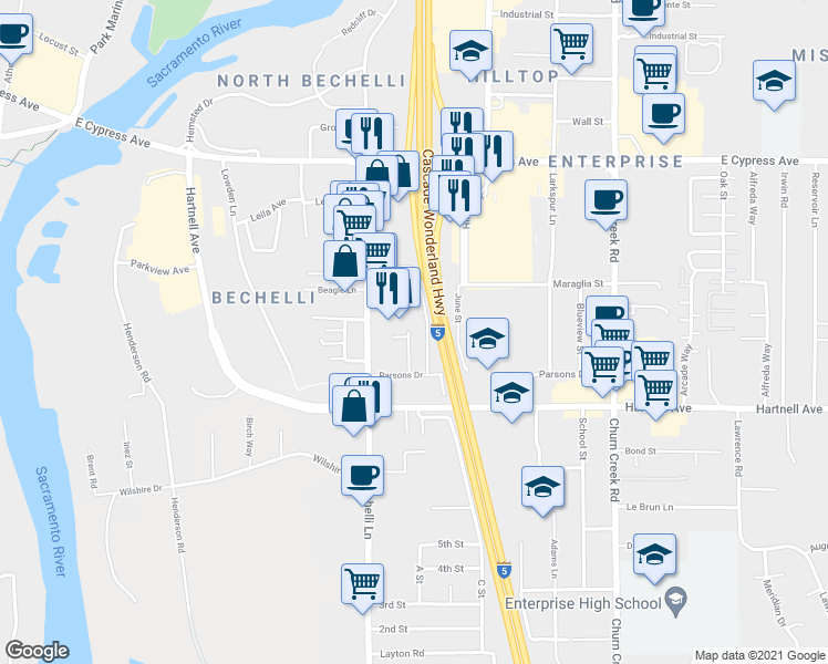 map of restaurants, bars, coffee shops, grocery stores, and more near 2839 Duane Avenue in Redding