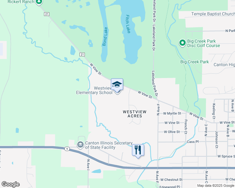 map of restaurants, bars, coffee shops, grocery stores, and more near 700 West Old Vine Street in Canton