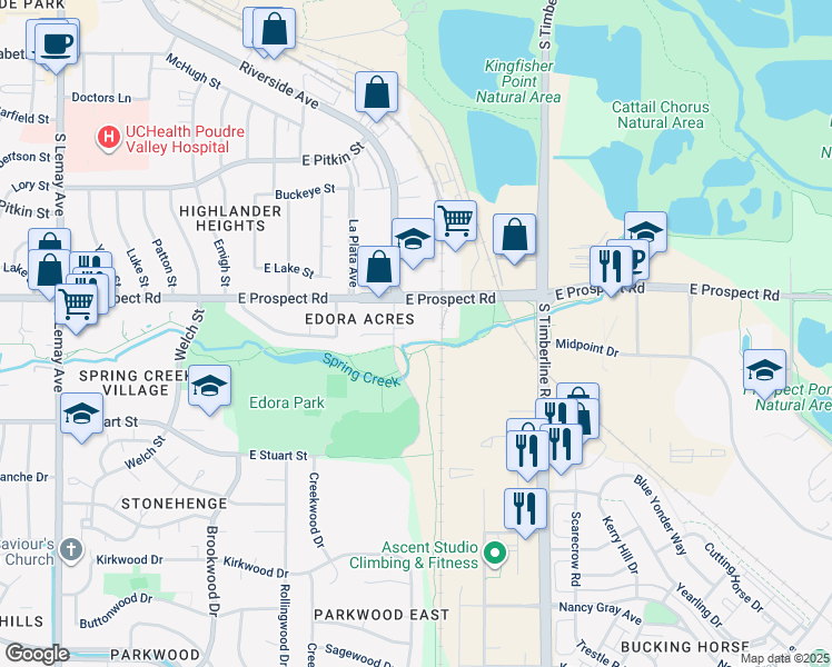 map of restaurants, bars, coffee shops, grocery stores, and more near 1901 East Prospect Road in Fort Collins