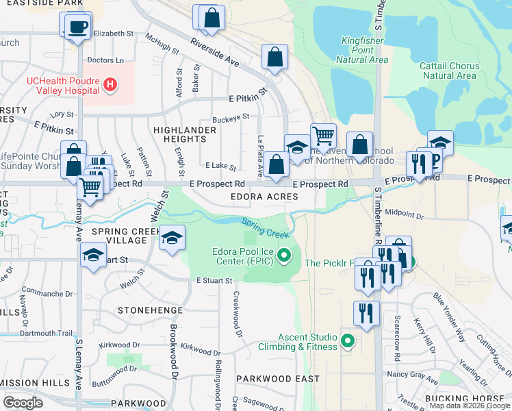 map of restaurants, bars, coffee shops, grocery stores, and more near 1700 Erin Court in Fort Collins