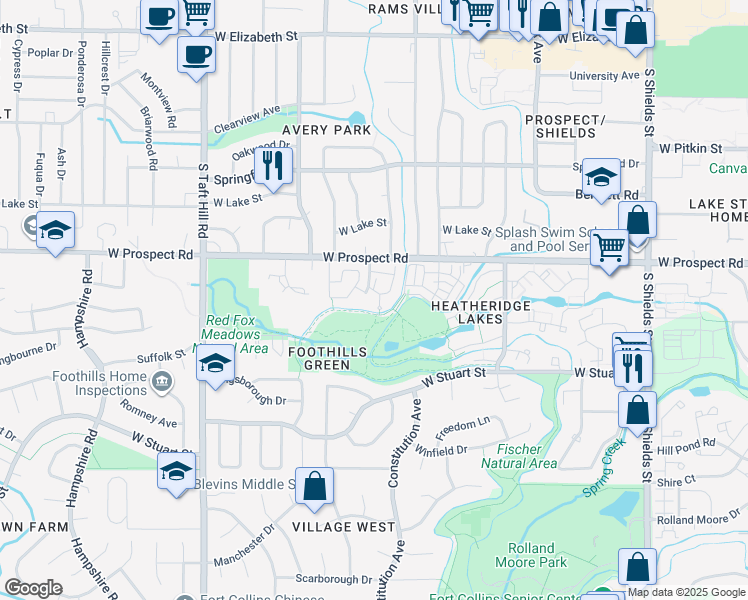 map of restaurants, bars, coffee shops, grocery stores, and more near 1700 Westbridge Drive in Fort Collins