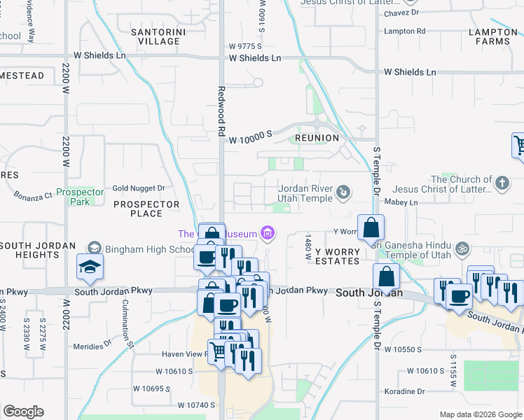 map of restaurants, bars, coffee shops, grocery stores, and more near 1599 Cornerstone Way in South Jordan