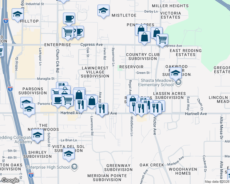 map of restaurants, bars, coffee shops, grocery stores, and more near 2837 Reservoir Lane in Redding