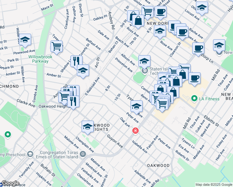 map of restaurants, bars, coffee shops, grocery stores, and more near 89 Penn Avenue in Staten Island
