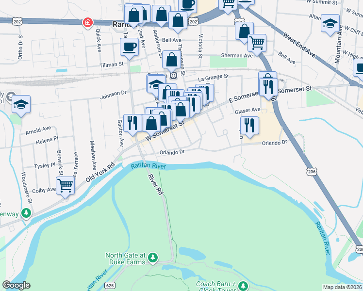 map of restaurants, bars, coffee shops, grocery stores, and more near 25 Canal Street in Raritan