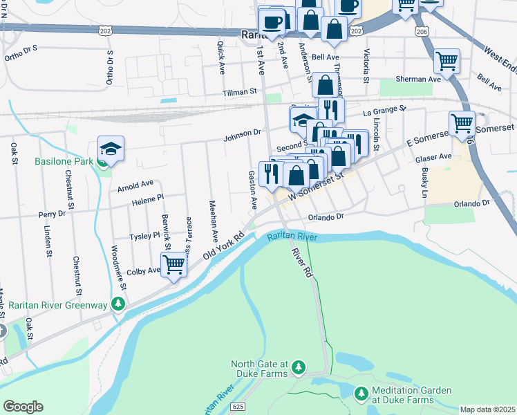 map of restaurants, bars, coffee shops, grocery stores, and more near 112 West Somerset Street in Raritan