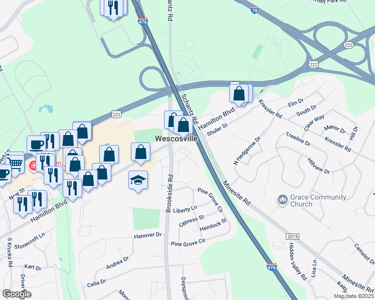 map of restaurants, bars, coffee shops, grocery stores, and more near 881 Oplinger Road in Allentown