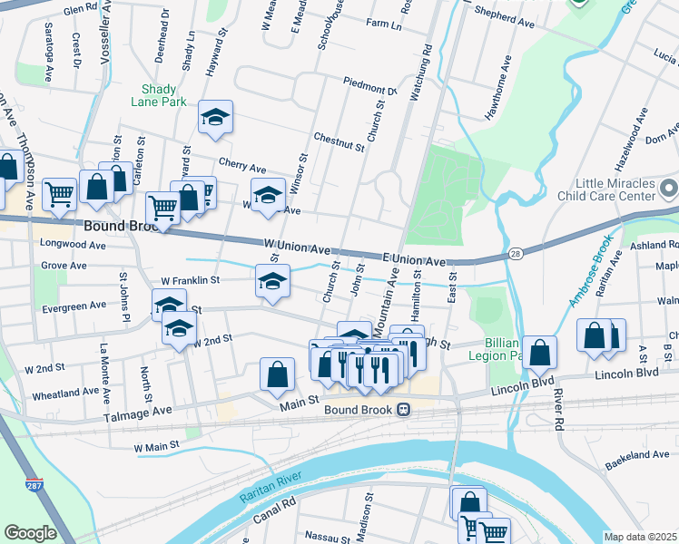 map of restaurants, bars, coffee shops, grocery stores, and more near 322 Church Street in Bound Brook