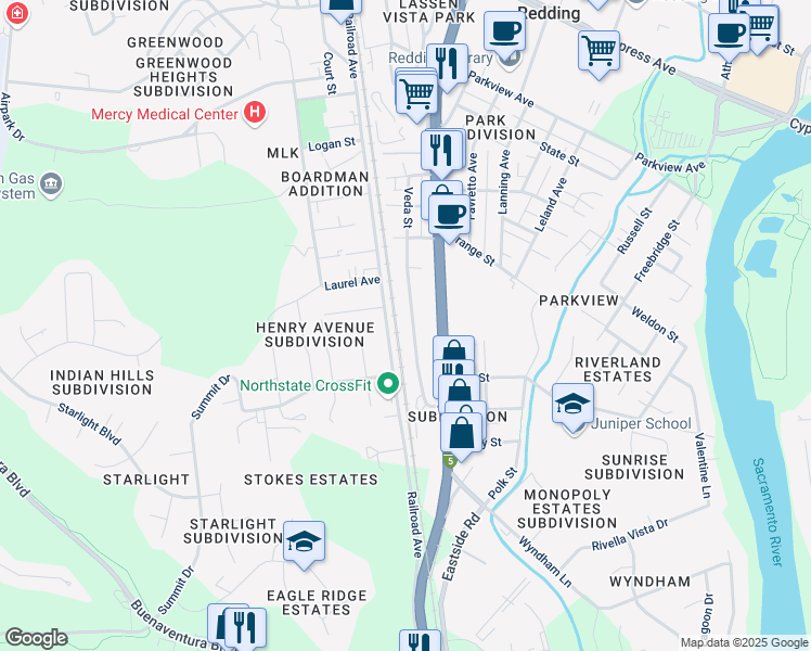 map of restaurants, bars, coffee shops, grocery stores, and more near 3212 Veda Street in Redding