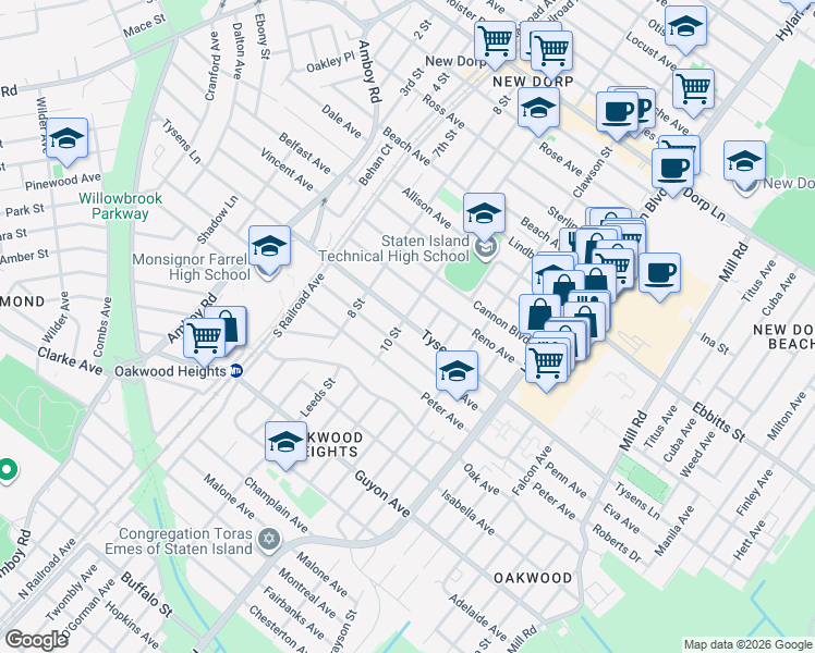 map of restaurants, bars, coffee shops, grocery stores, and more near 433 Tysens Lane in Staten Island