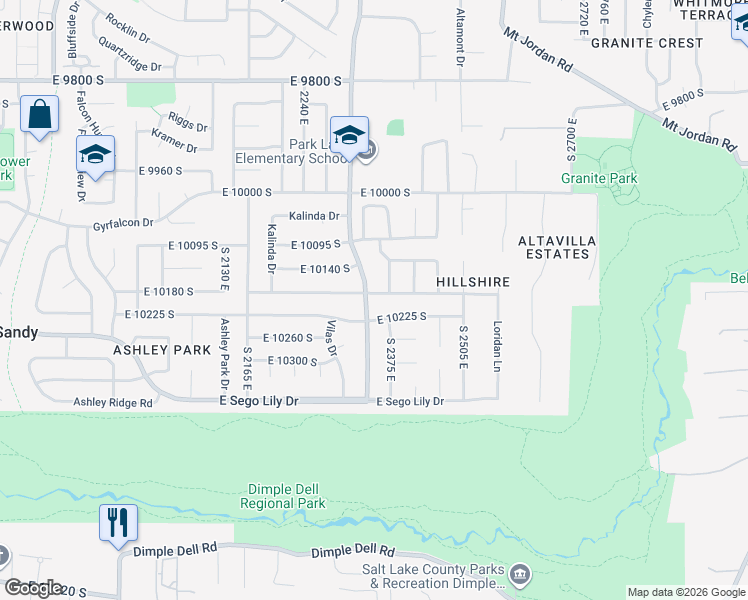 map of restaurants, bars, coffee shops, grocery stores, and more near 2342 E Karalee Way in Sandy