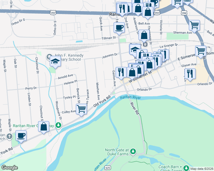 map of restaurants, bars, coffee shops, grocery stores, and more near 100 Valpeck Avenue in Raritan