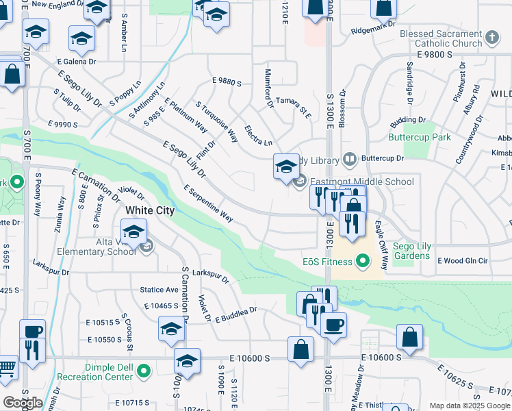 map of restaurants, bars, coffee shops, grocery stores, and more near 1157 East Sego Lily Drive in Sandy