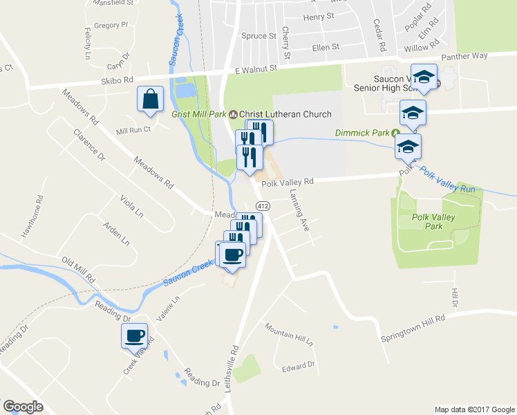map of restaurants, bars, coffee shops, grocery stores, and more near 1812 Leithsville Road in Hellertown