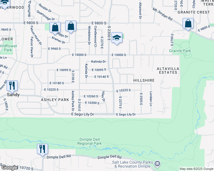 map of restaurants, bars, coffee shops, grocery stores, and more near 2296 Karalee Way in Sandy