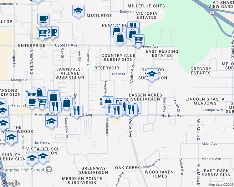 map of restaurants, bars, coffee shops, grocery stores, and more near 2843 Fairway Ave in Redding