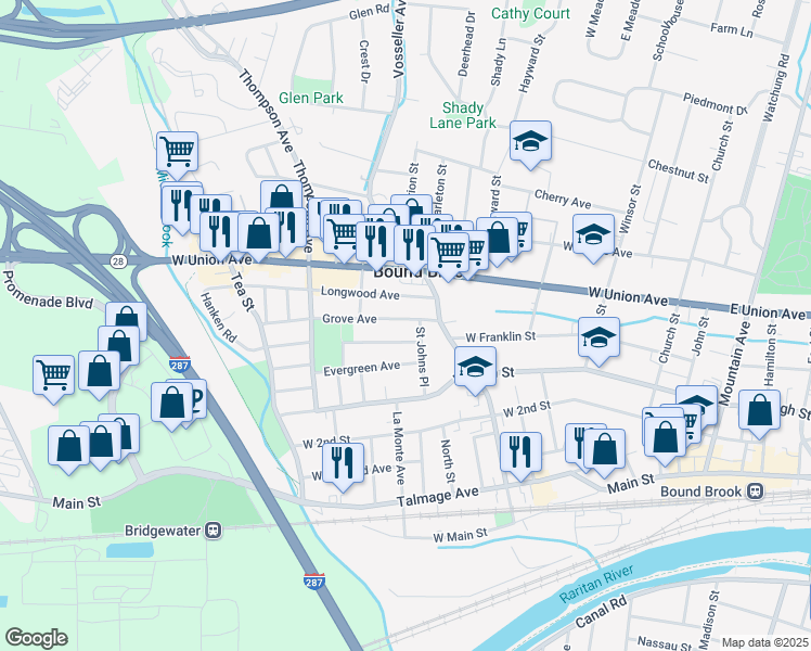 map of restaurants, bars, coffee shops, grocery stores, and more near 328 Grove Avenue in Bound Brook